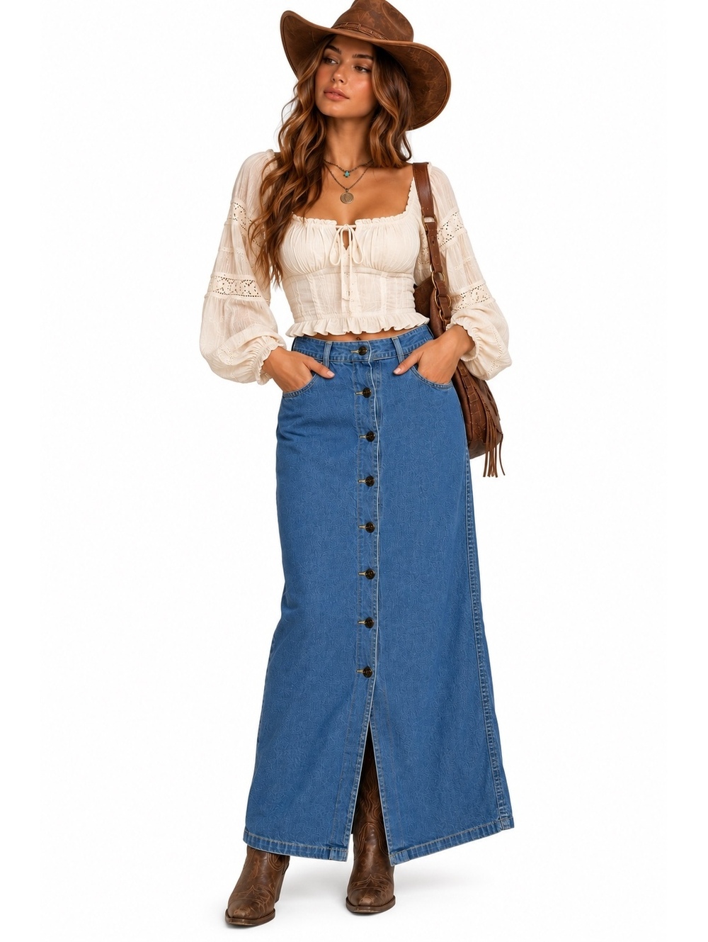Vintage Lizwear Denim Maxi Skirt 12 Button Front 90s Western Prairie